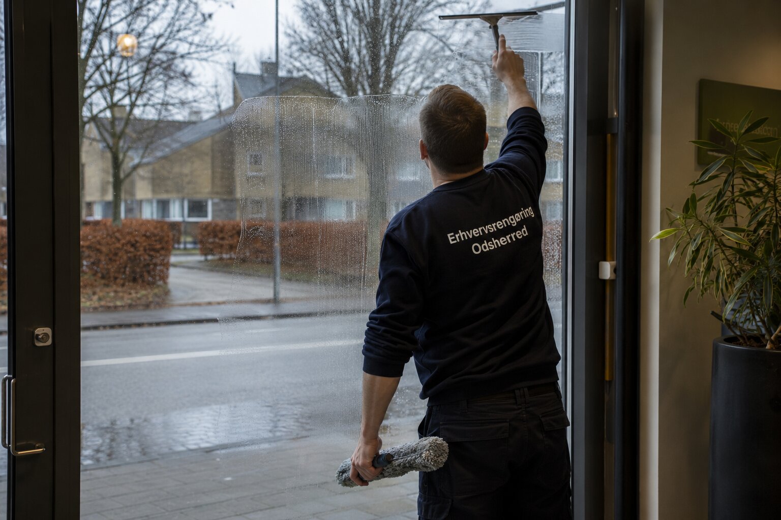 Rengøringsmedarbejder i arbejde